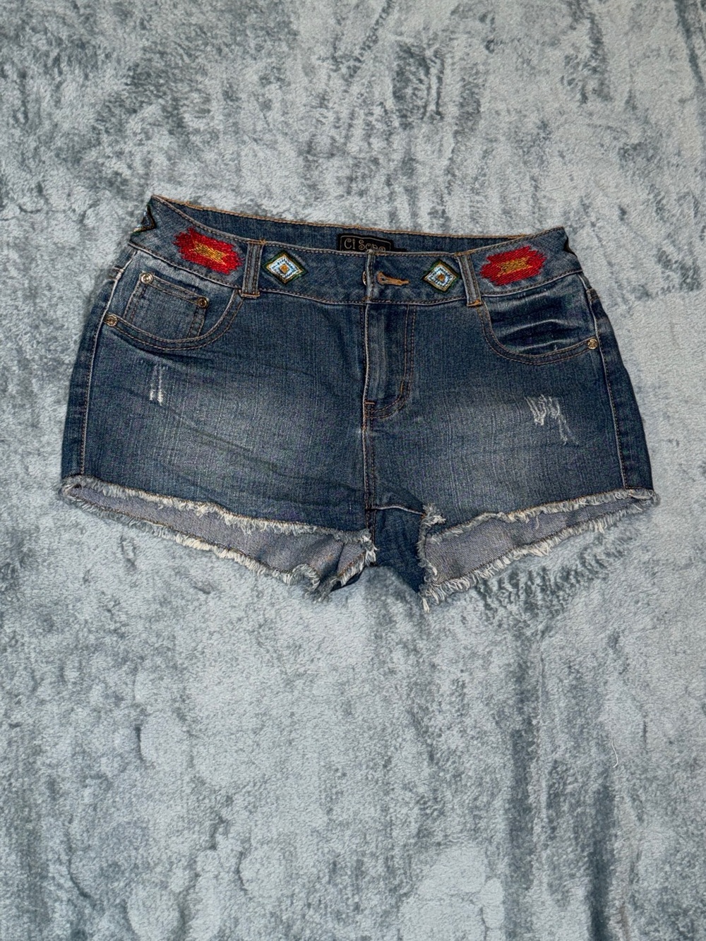 Ci Sono Dark Blue Denim Shorts with Red & Yellow Embroidered Waist